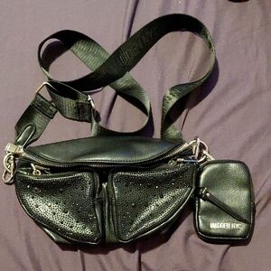 Madden NYC Black Perforated Crossbody Belt Bag with Detachable Pouch
